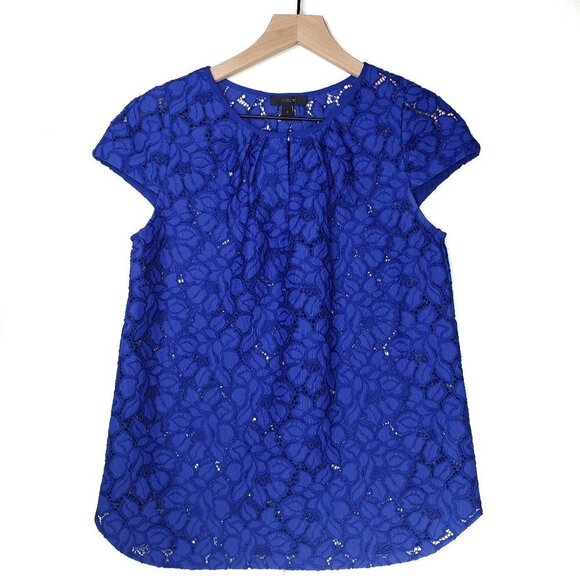 J.Crew‎ See Through Lace Cap Sleeve Blouse 2 Royal Blue Top Sheer - Picture 1 of 10